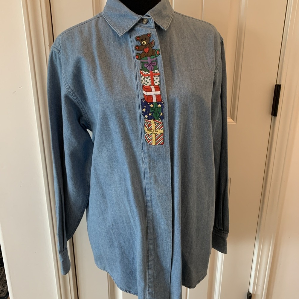 Vtg Telluride Clothing Co. Christmas Embroidered Denim Button Down Women S Shirt